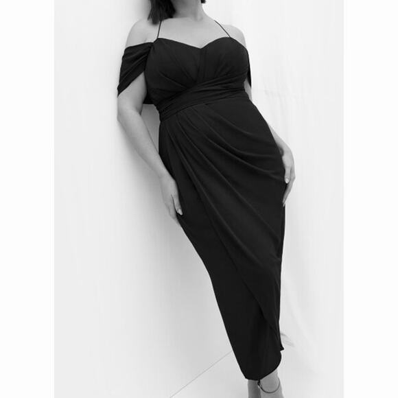 City Chic Entwine Tulip Drape Maxi Dress Black Off The Shoulder V-Neck Slit Gown - Picture 9 of 9